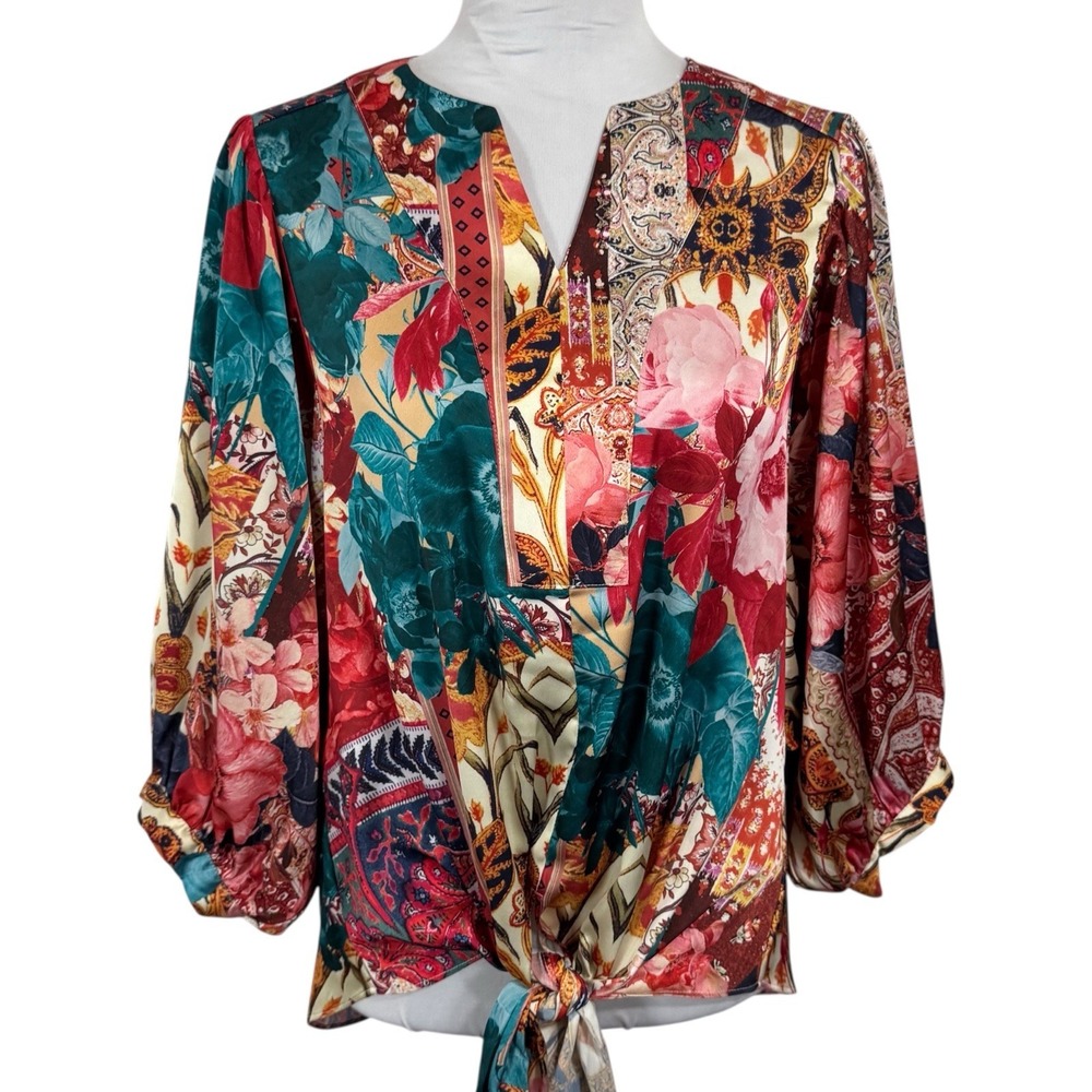 Chico's Bohemian Print Satin Blouse 00 Size 2 Balloon Sleeves Tropical Cocktail